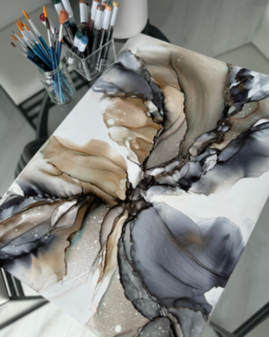 Abstract artwork in shades of beige and grey