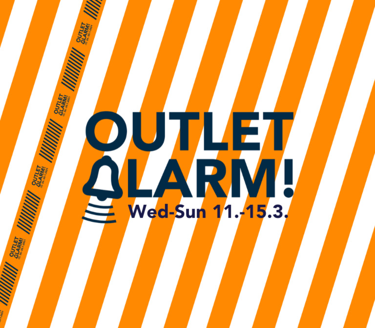 Orange stripy banner promoting Outlet Alarm  Wed-Sun 11.-15.3
