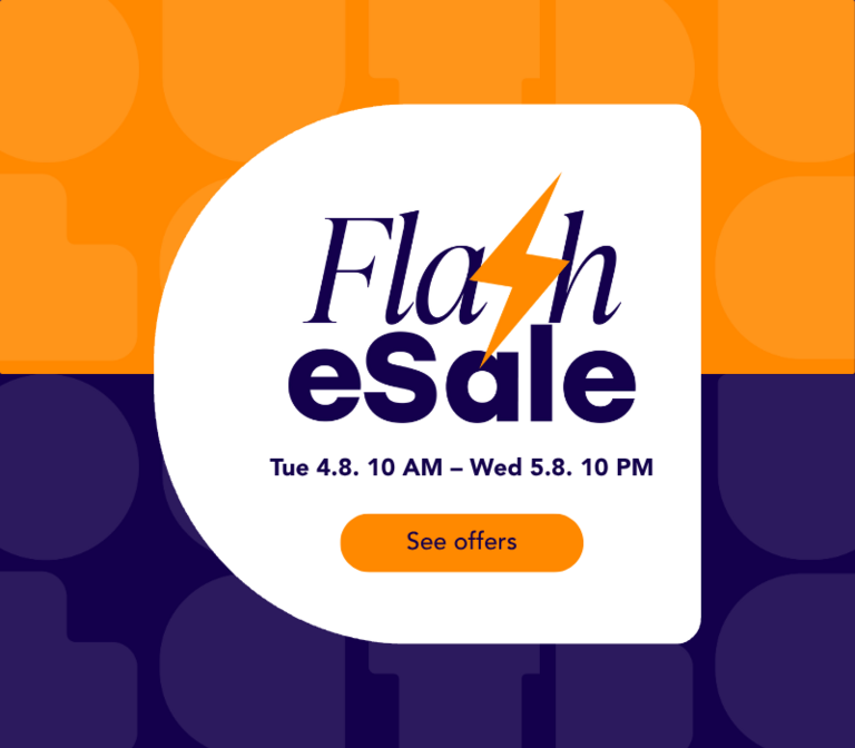 A blue and orange picture with the text Flash Sale Tue 4 August  10AM  - Wed 5.8 10pm.