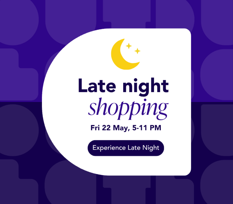 Late Night Shopping text and blue shade background.