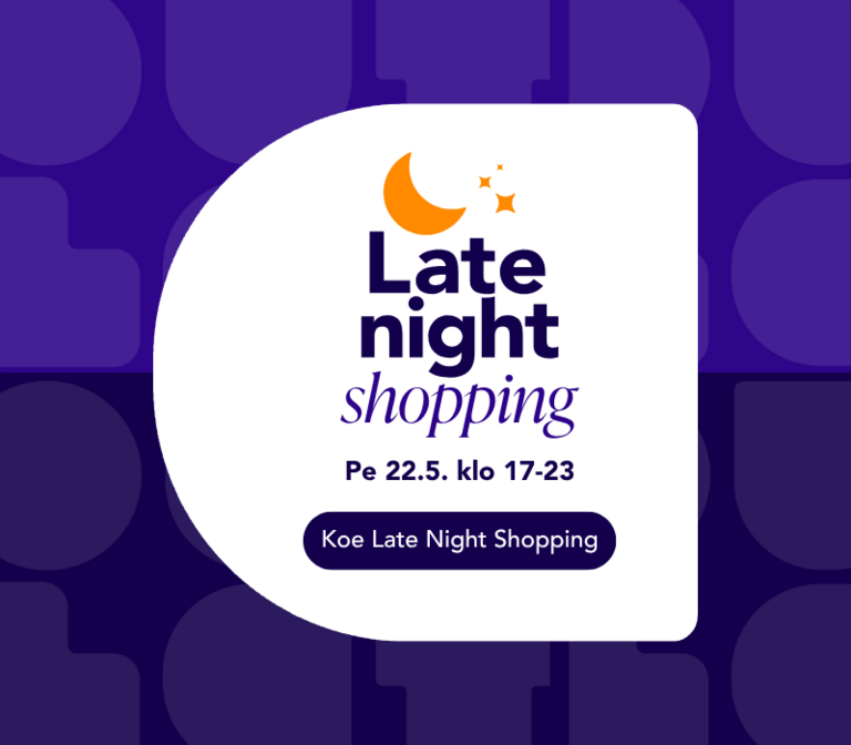 Late Night SHopping teksti valkoisessa puoliympyrässä ja sininen tausta.