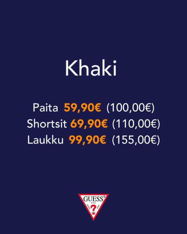 Paita 59,90€, shortsit 69,90€ ja laukku 99,90
