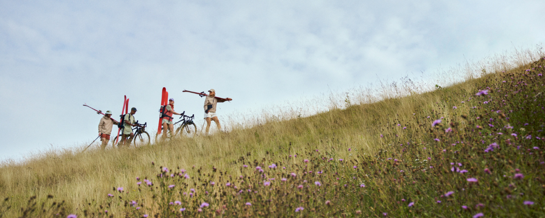 Four people are walking up a slope in a meadow
