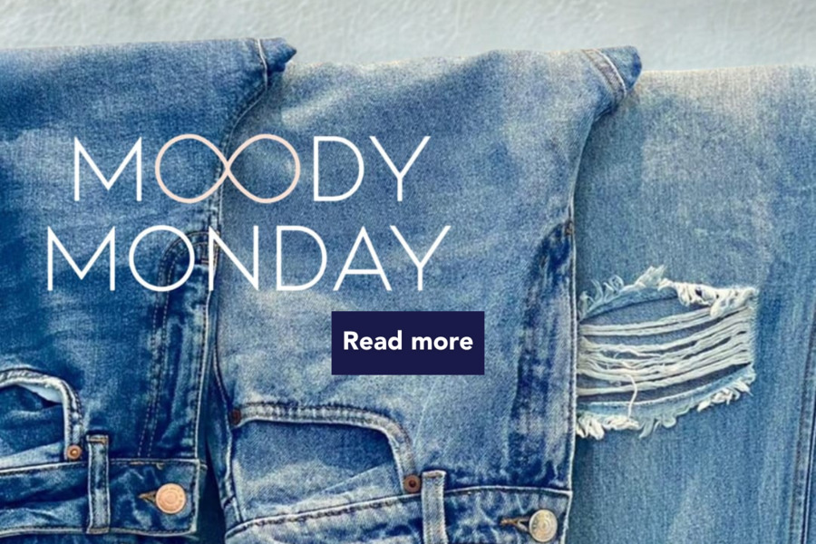 Three jeans and Moody Monday logo