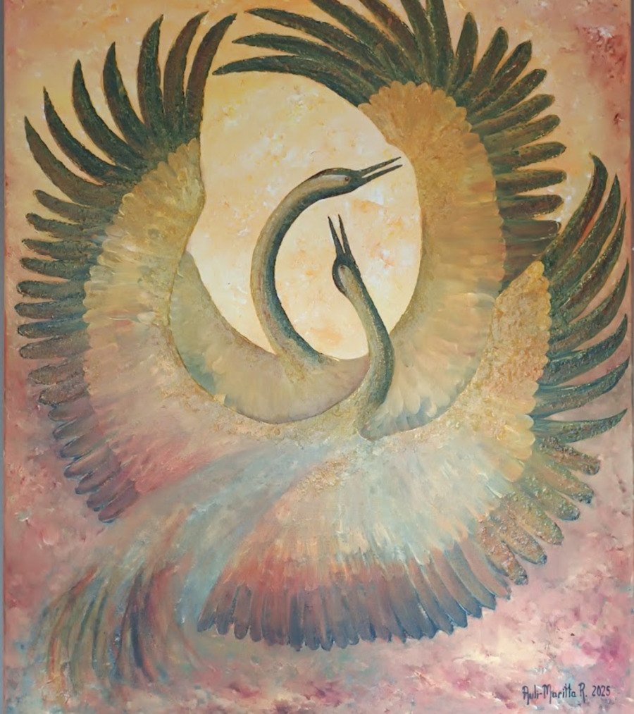 The art where two birds open their wings