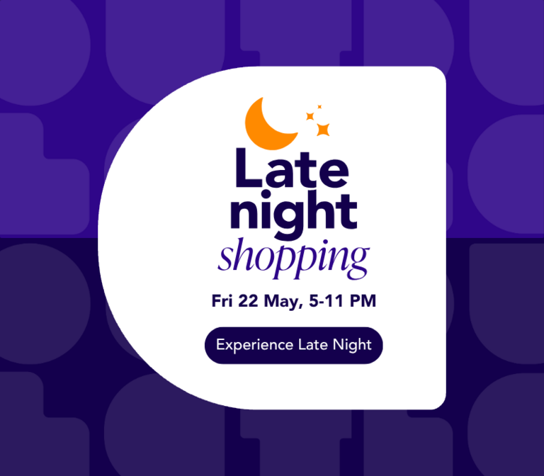 Late Night Shopping text and blue shade background.
