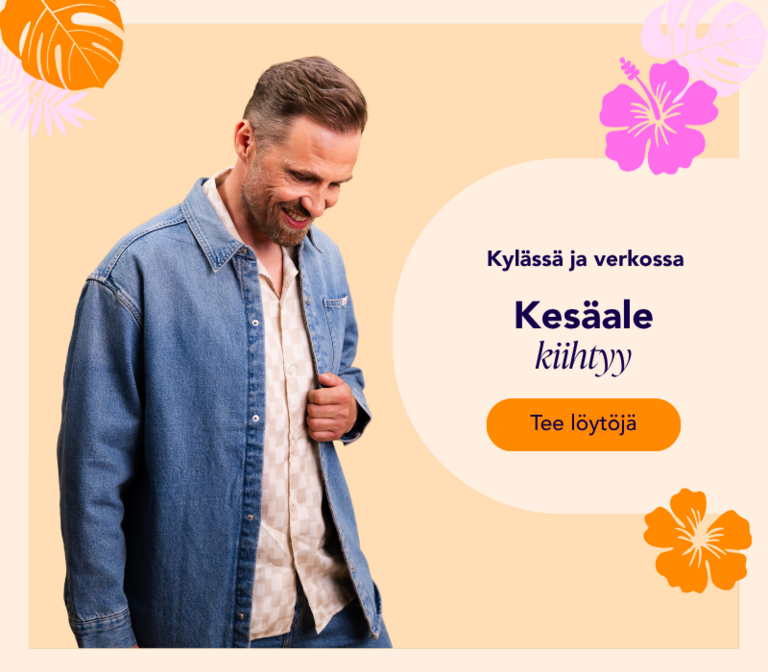 Mies farkkutakissa vaaleanoranssilla taustalla, kulmissa värikkäitä karnevaaliteemaisia koristeita
