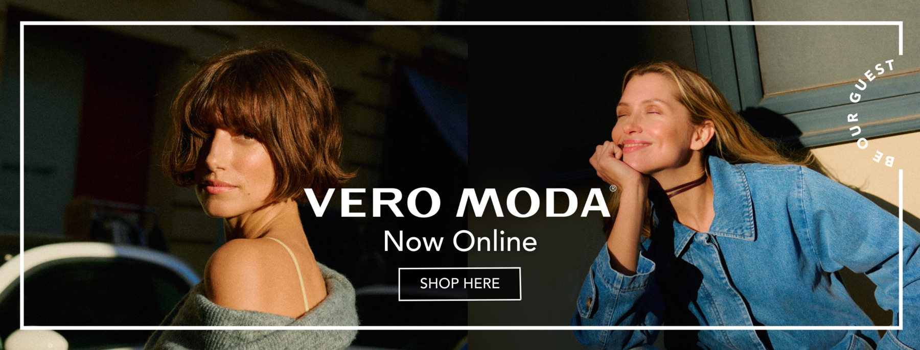 A brand image of a woman wearing a denim shirt